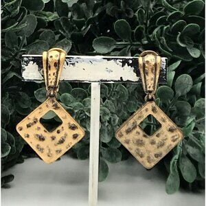 Vintage Hammered Square Brass Dangle Earrings With Cutout Design clip on by Prem